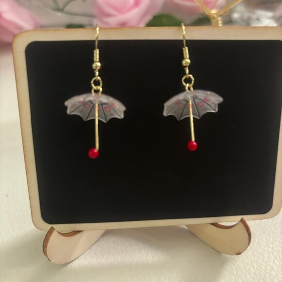 Handmade Unique One of a Kind Umbrella Red Heart Earrings - Picture 2 of 6
